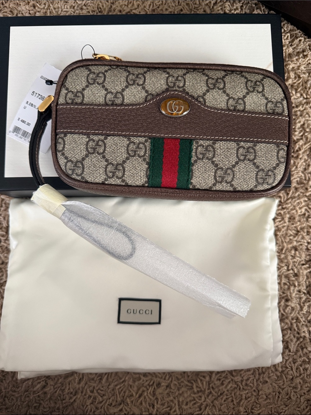Gucci Beige GG Canvas Brown Leather Wristlet with Green-Red-Green Web
